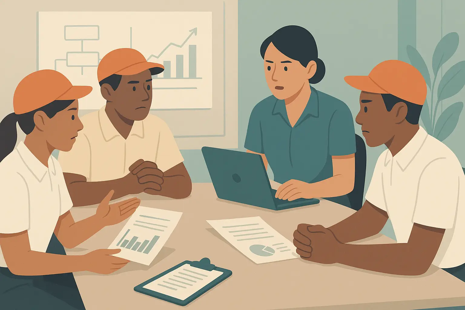 Orientations stratégiques Brioche Dorée 2025-2029 Illustration d'une équipe de salariés travaillant sur un projet de transformation stratégique dans le secteur de la restauration rapide.