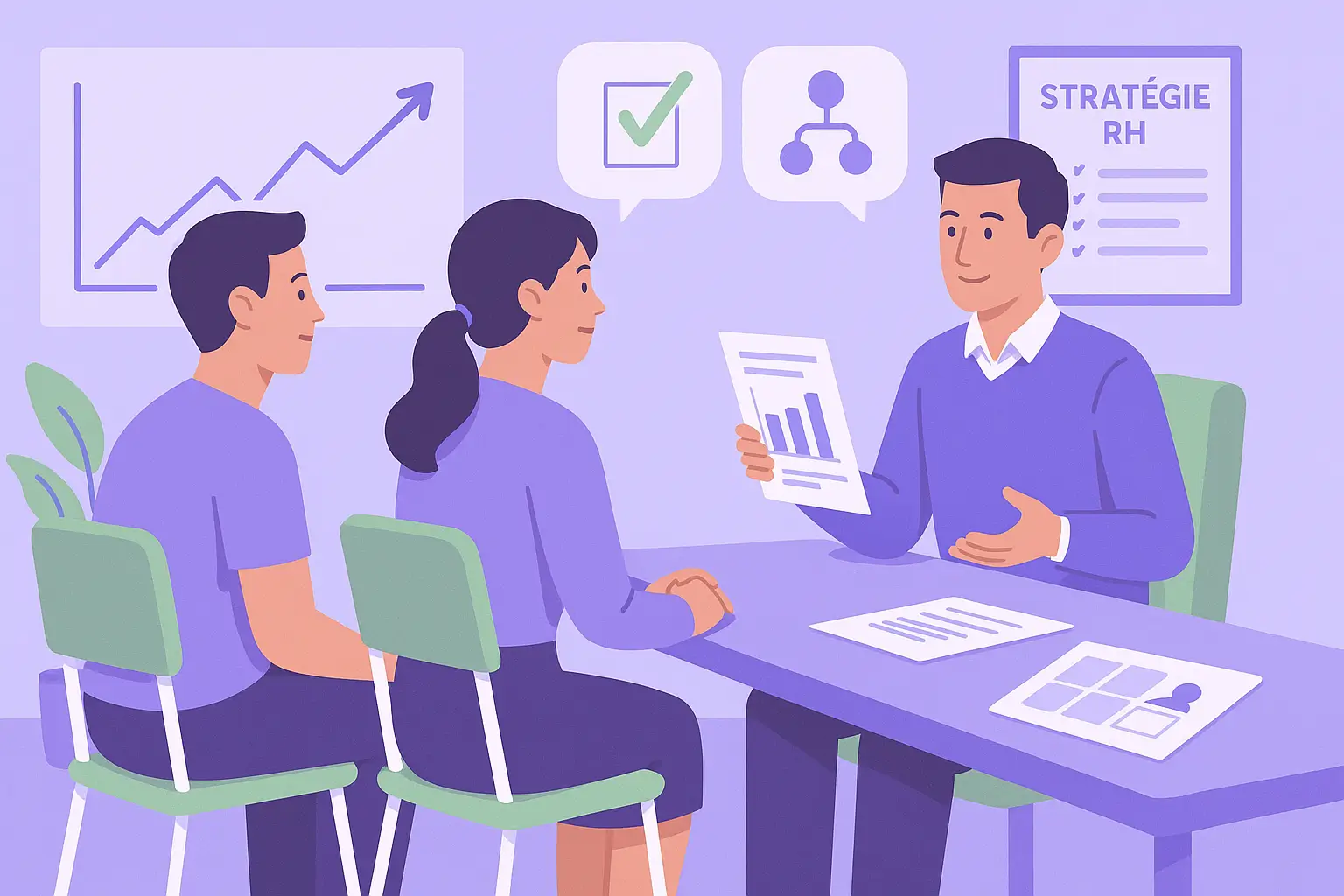 Entretiens professionnels : enjeux stratégiques RH chez Brioche Dorée Salariés et manager de Brioche Dorée en entretien professionnel, échange constructif avec graphiques RH et cartographie des compétences.