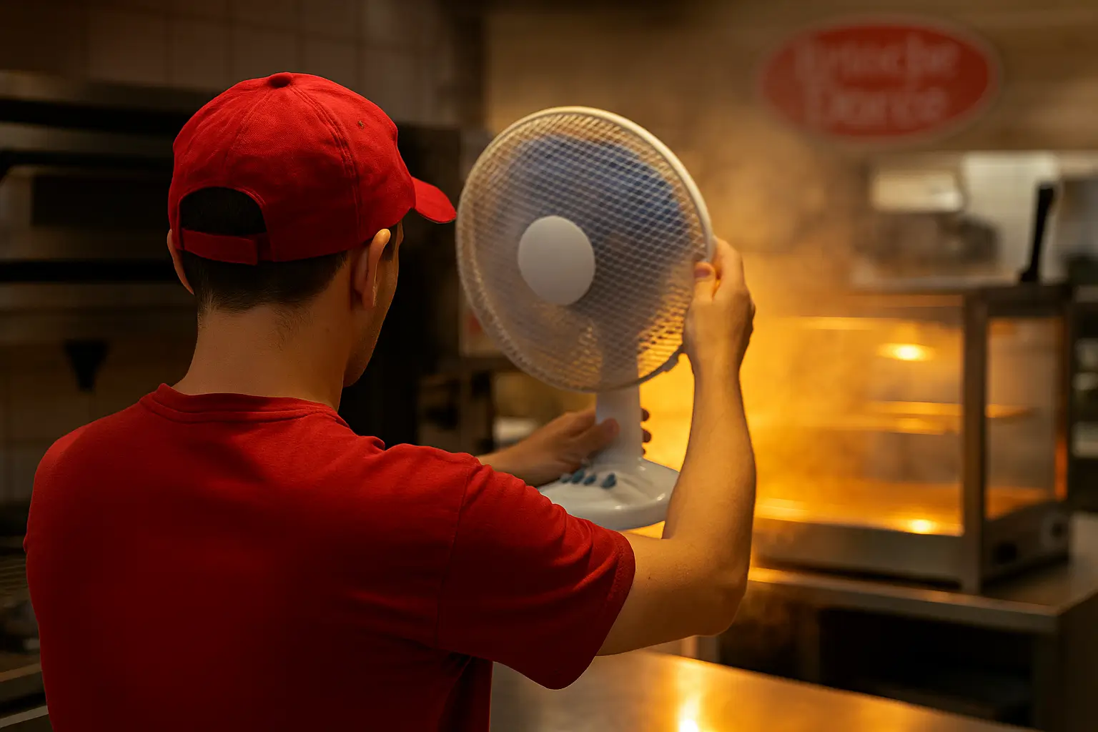 Alerte chaleur dans un restaurant Brioche Dorée Un salarié vu de dos dans une cuisine Brioche Dorée, face à une chaleur intense, sans climatisation visible