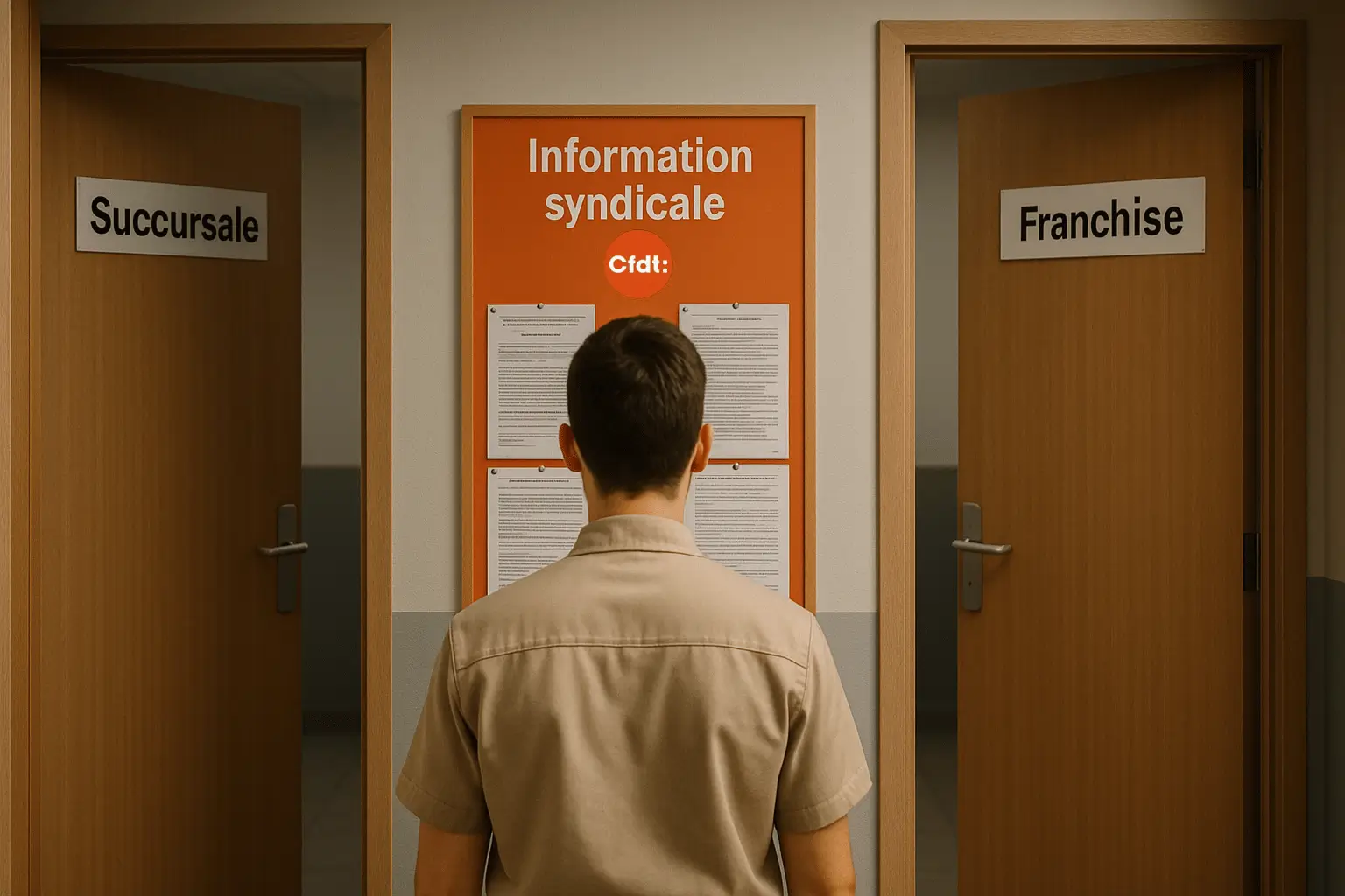 Franchise Brioche Dorée : un salarié face à deux orientations, syndicat au centre Un salarié vu de dos face à deux portes intitulées “Succursale” et “Franchise”, avec un panneau CFDT-Brioche Dorée d’information syndicale au centre