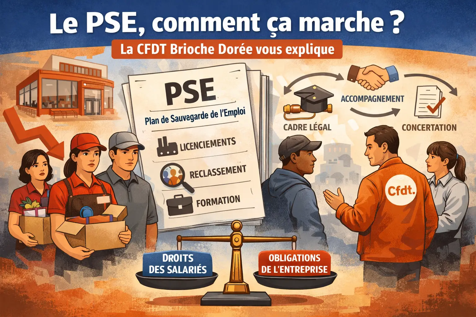 Illustration de salariés échangeant autour d’un document PSE, symboles juridiques en arrière-plan, dans une ambiance informative