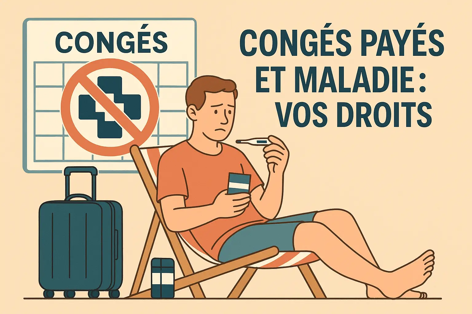 Congés payés et maladie : vos droits si vous tombez malade en vacances Illustration d’un salarié en vacances tombant malade, symbolisant la question du report des congés payés en cas de maladie.