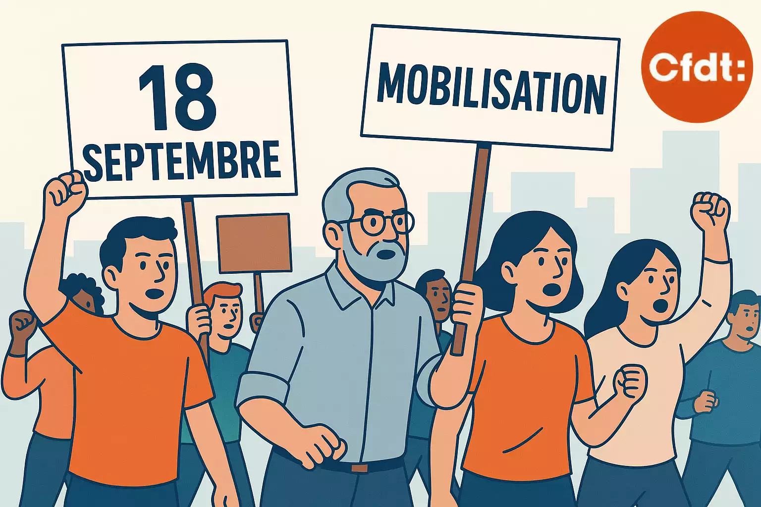 Mobilisation intersyndicale du 18 septembre 2025 Illustration d’une mobilisation collective, salariés et banderoles syndicales, symbolisant la journée d’action intersyndicale du 18 septembre 2025.