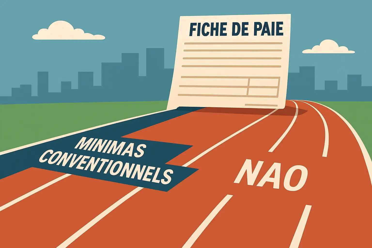 Salaires Brioche Dorée : minimas conventionnels ou NAO ? Illustration symbolique d’une course où les minimas conventionnels prennent de l’avance sur les NAO, en direction d’une fiche de paie.