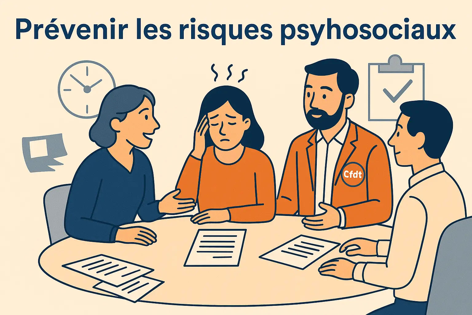 Prévention des risques psychosociaux au travail - CFDT Brioche Dorée Illustration d’une salariée entourée de collègues et d’un représentant CFDT, symbolisant la prévention des risques psychosociaux au travail.