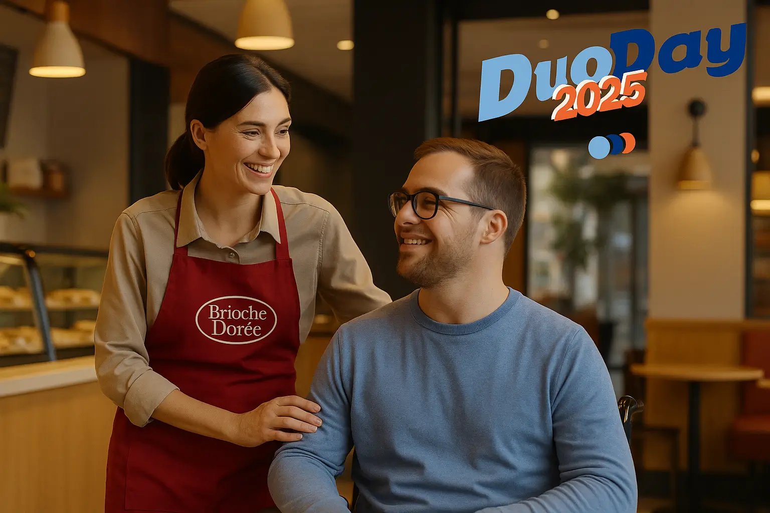 DuoDay 2025 – Une journée d’inclusion durable - CFDT Brioche Dorée Illustration d’un salarié Brioche Dorée en binôme avec une personne en situation de handicap lors du DuoDay 2025, symbolisant l’inclusion au travail.
