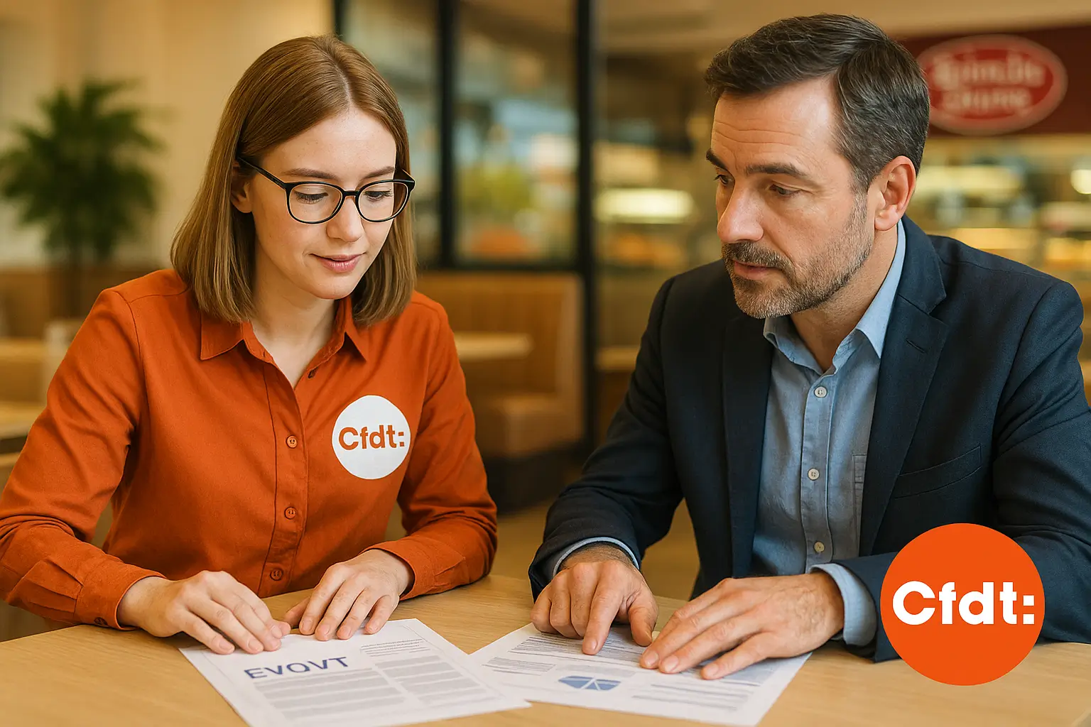 Illustration d’un échange professionnel entre une représentante CFDT et un manager au sujet de l’accord égalité et qualité de vie au travail.
