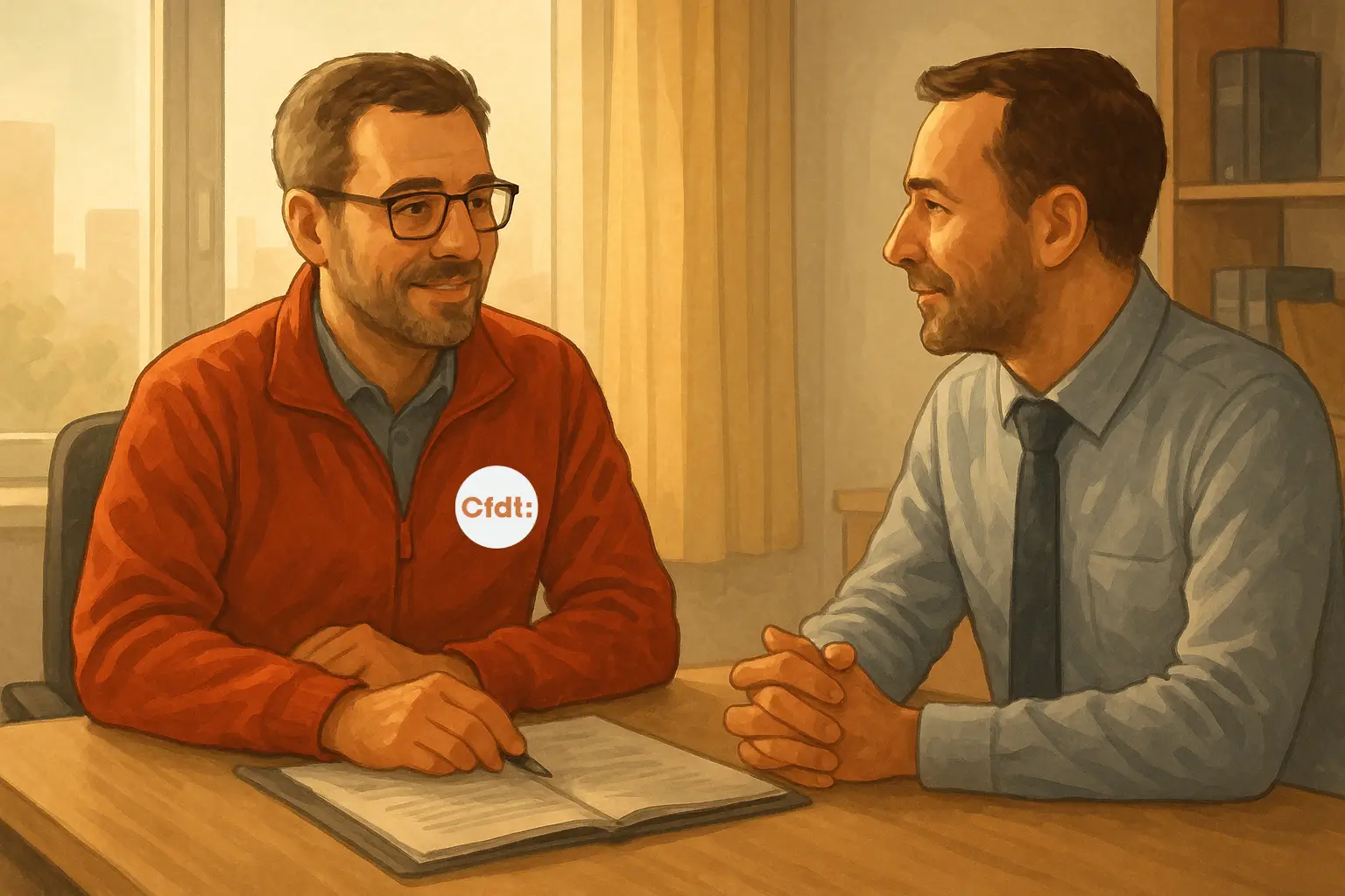 Un représentant CFDT échange avec un manager dans un bureau lumineux, symbolisant le dialogue social et la reconnaissance des élus au travail.