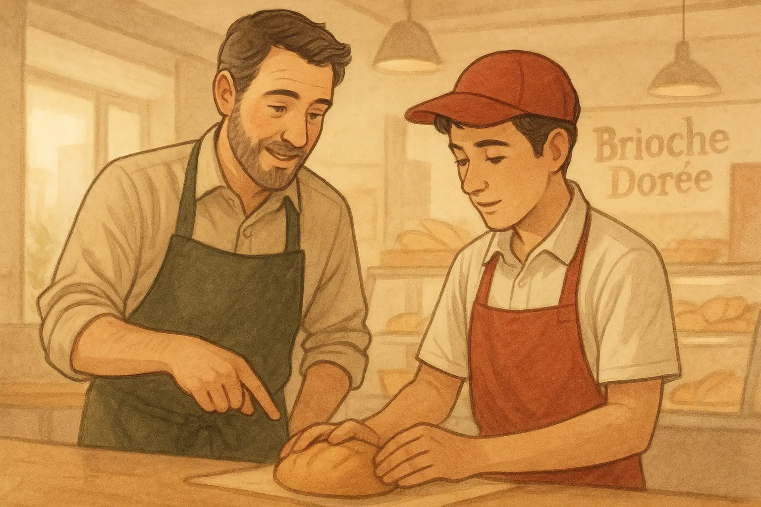 Illustration d’un formateur Brioche Dorée accompagnant deux salariés en cuisine, symbolisant la transmission et la fidélisation des équipes.