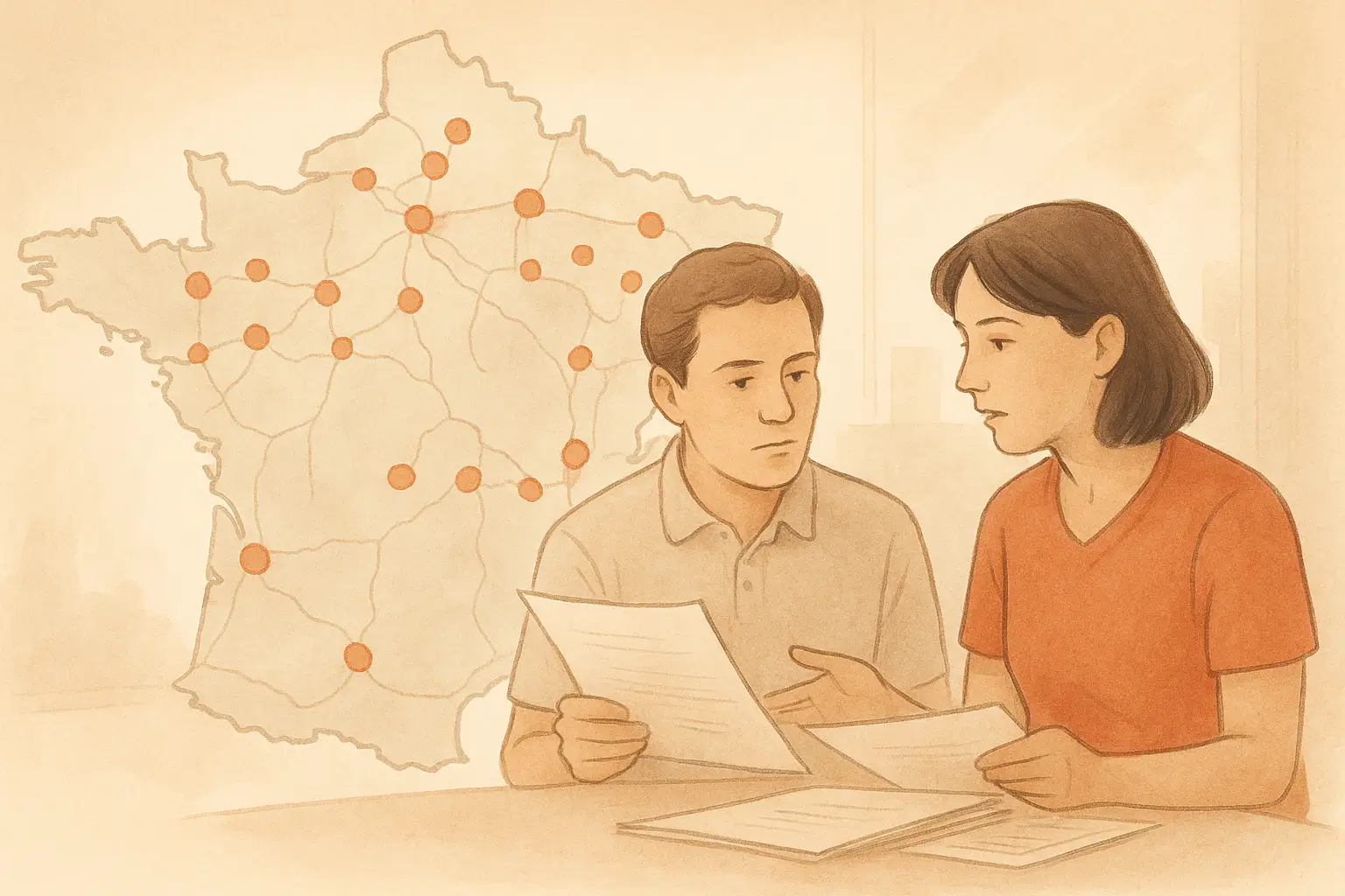 Fermetures des restaurants Brioche Dorée (2018-2025) Illustration d’une carte stylisée représentant l’évolution du réseau Brioche Dorée, avec deux salariés échangeant devant des documents, dans une ambiance professionnelle.