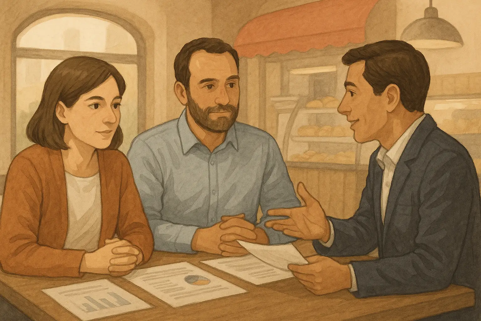 Illustration de deux collaborateurs discutant sereinement de l’évolution sociale du réseau Brioche Dorée dans un décor professionnel évoquant un restaurant.