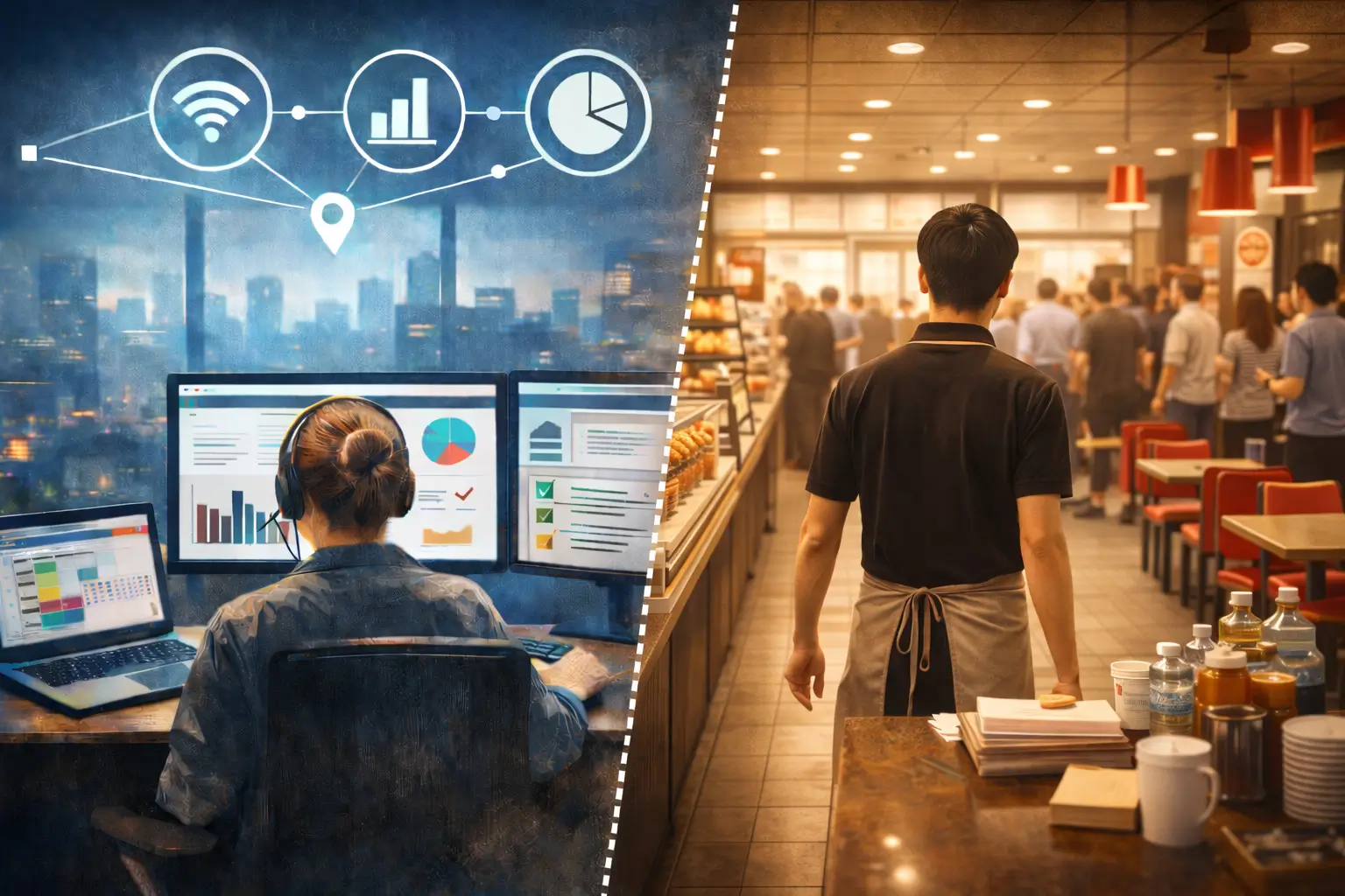 Illustration du pilotage à distance à travers des indicateurs numériques face à la réalité d’un restaurant de restauration rapide