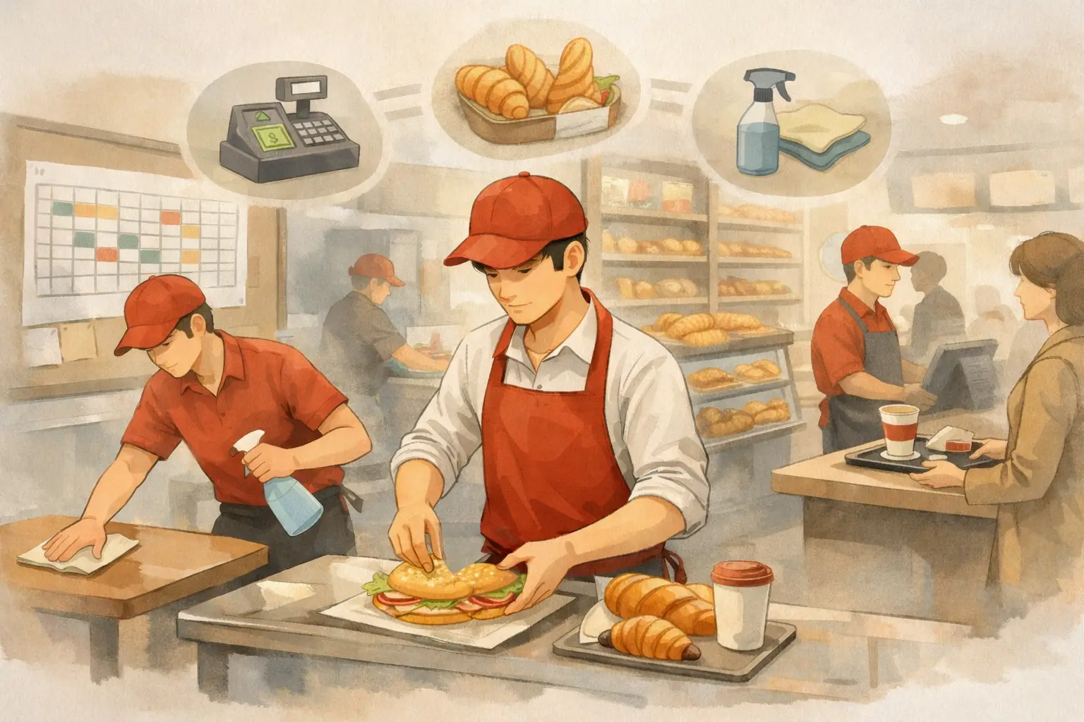 Salariés en restauration rapide en situation de polyvalence, passant de la vente à la préparation dans un même service