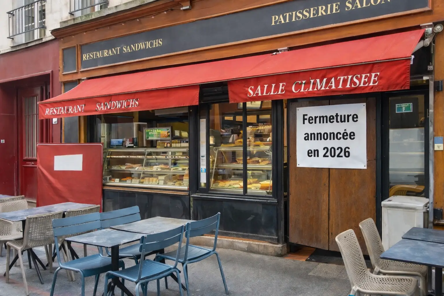 Fermeture d’un restaurant parisien – signal pour le réseau en 2026 Façade d’un restaurant parisien fermé, illustrant une fermeture annoncée dans le réseau de Brioche Dorée en 2026
