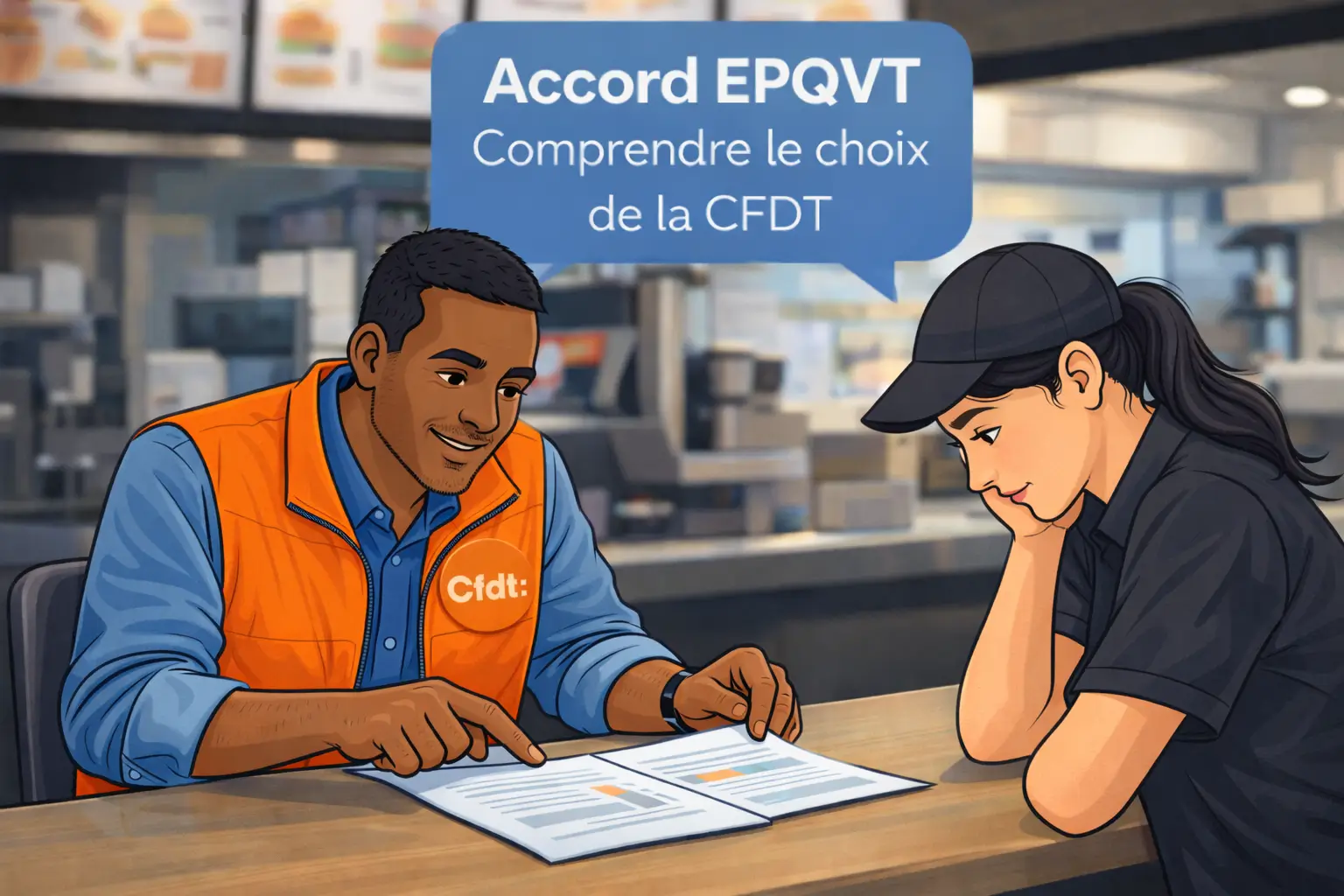 Représentant CFDT présentant les éléments de comparaison de l’accord EPQVT à une responsable de restaurant.