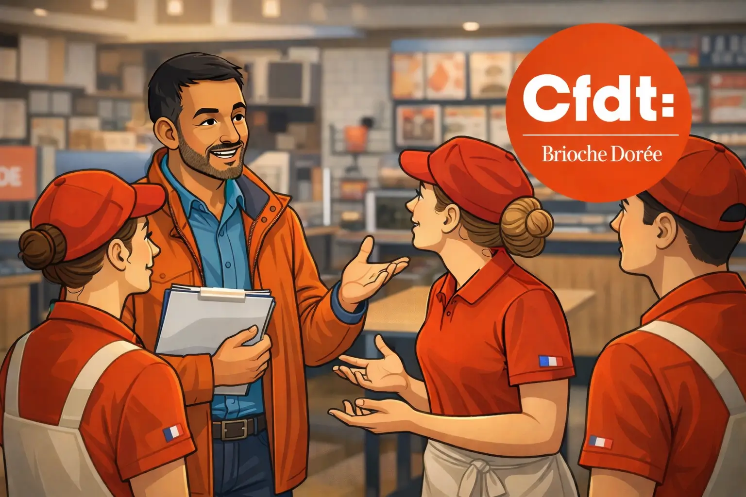 Illustration d’un représentant CFDT échangeant avec des salariés en uniforme dans un restaurant Brioche Dorée.