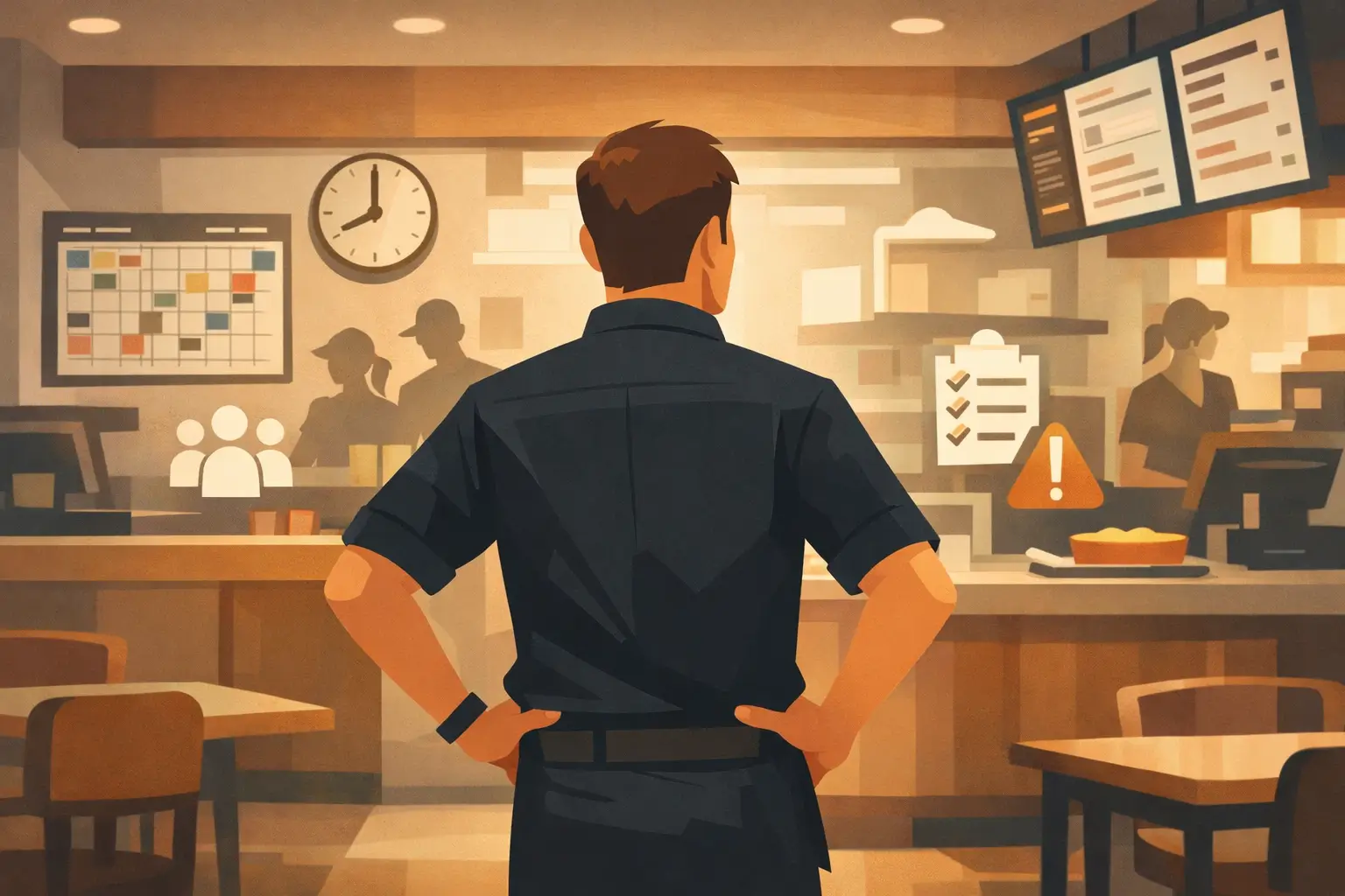 Responsables de restaurant face à la charge du quotidien Responsable de restaurant gérant son équipe et l’activité quotidienne, illustrant la charge de travail et l’organisation sur le terrain