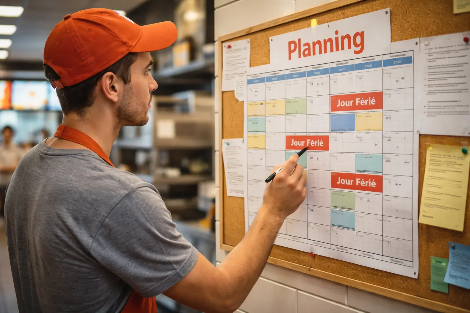 Salarié en restauration rapide consultant un planning incluant des jours fériés