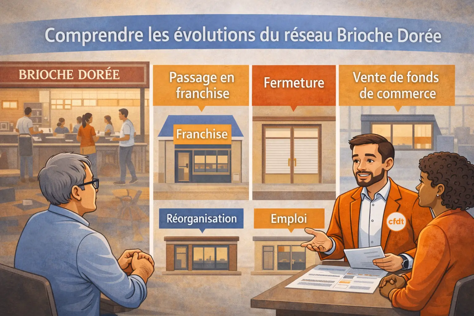 Illustration de l’évolution du modèle Brioche Dorée entre succursales et franchise, avec impacts sur l’organisation des restaurants et des équipes