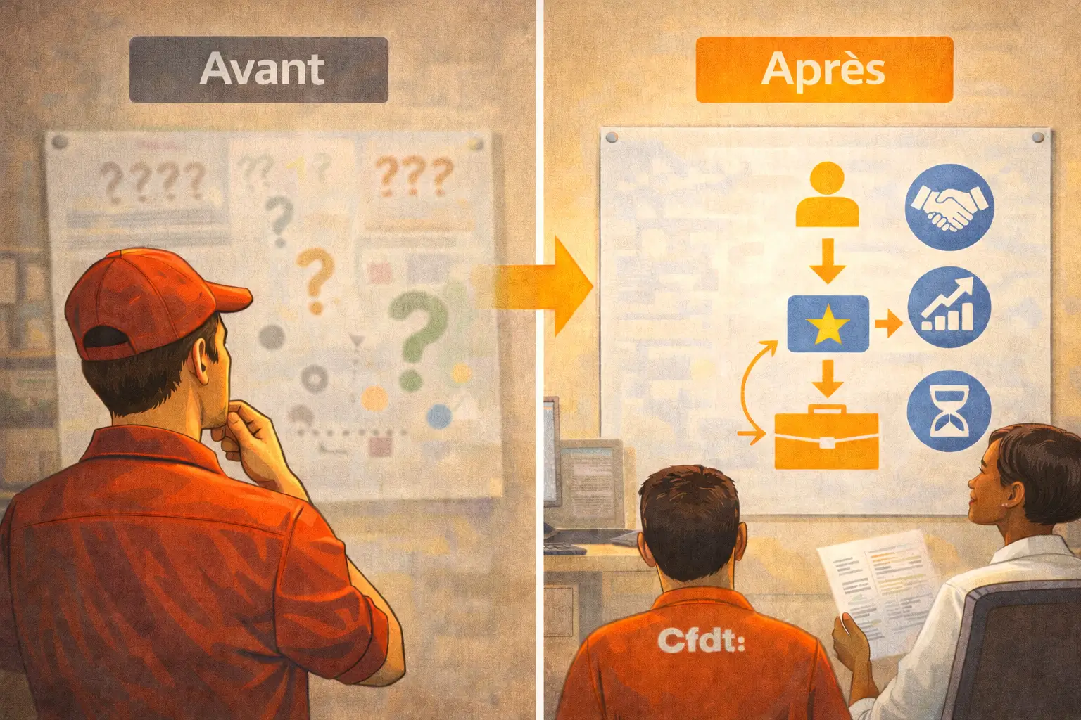 Illustration de salariés Brioche Dorée échangeant sur la transparence des salaires et les évolutions possibles dans leur travail