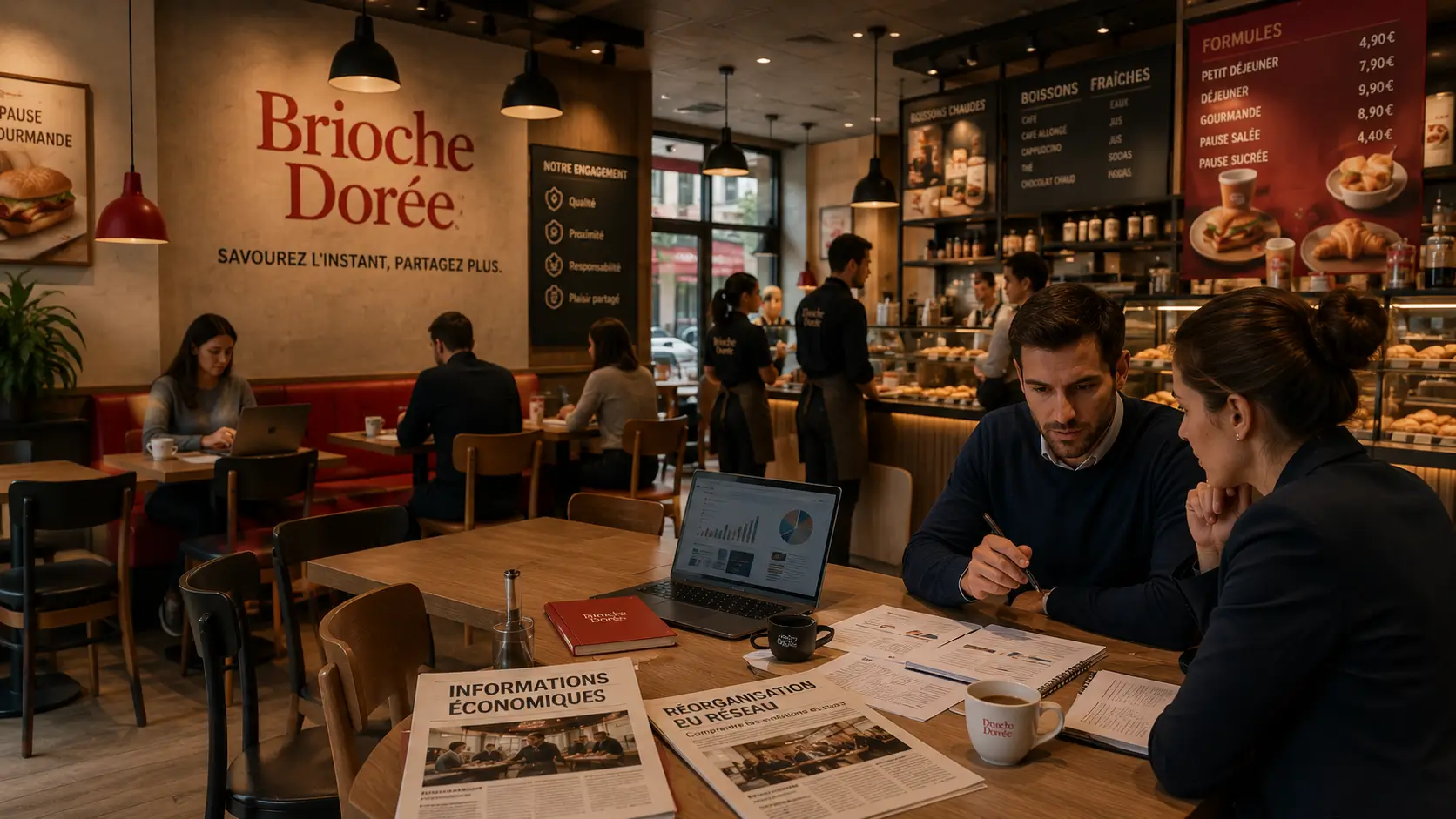 Réunion autour de documents liés aux évolutions et à l’organisation de Brioche Dorée
