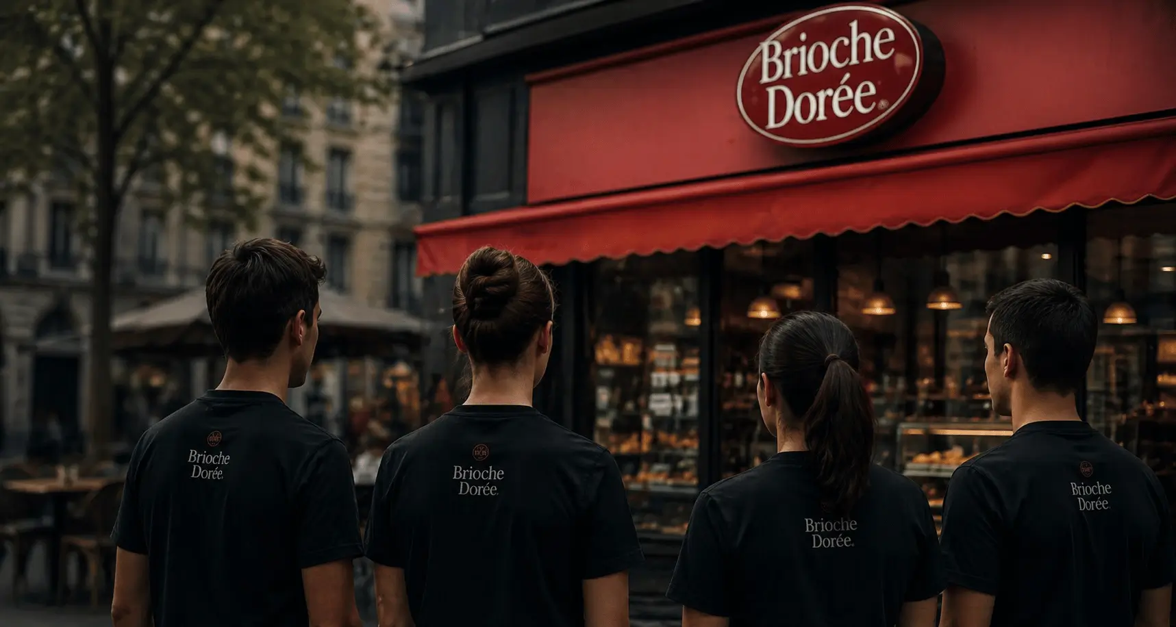 Salariés devant un restaurant Brioche Dorée évoquant l’évolution du réseau