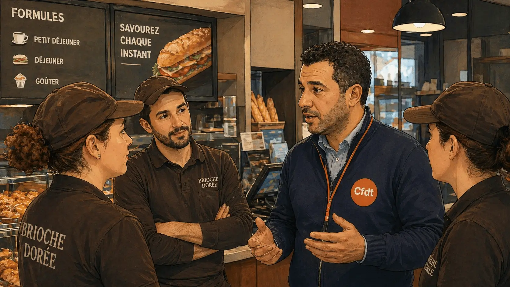 Équipe de salariés Brioche Dorée discutant de l’évolution de leur restaurant et de l’organisation du travail
