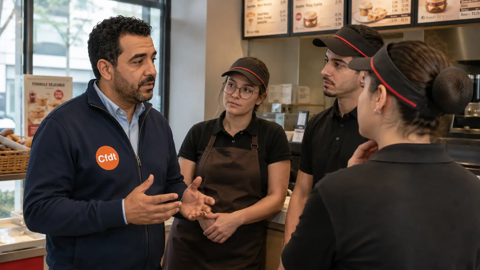 Un représentant CFDT échange avec des salariés dans un restaurant Brioche Dorée autour de questions liées au travail et à l’organisation quotidienne.