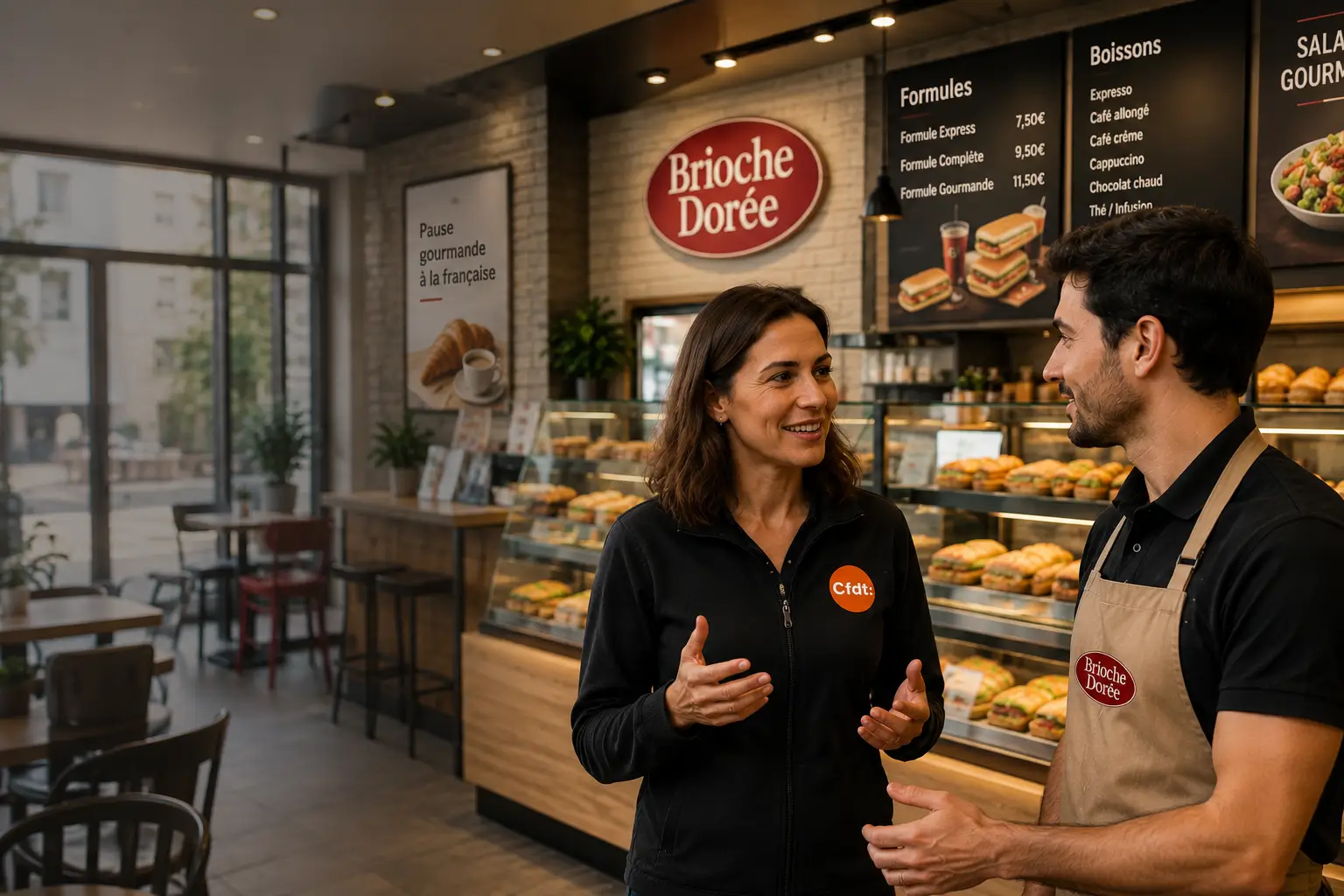 Représentants CFDT Brioche Dorée en restaurant Représentants CFDT échangeant avec un salarié Brioche Dorée dans un restaurant