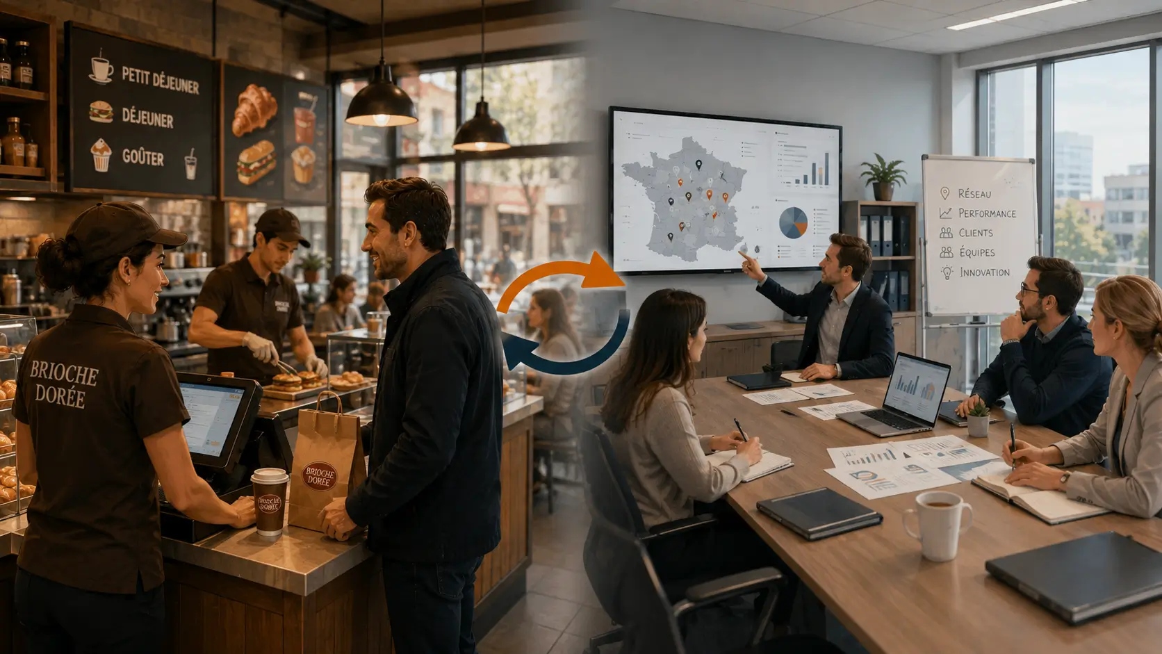 Illustration des échanges entre les équipes terrain et les fonctions support dans le fonctionnement quotidien des restaurants Brioche Dorée.