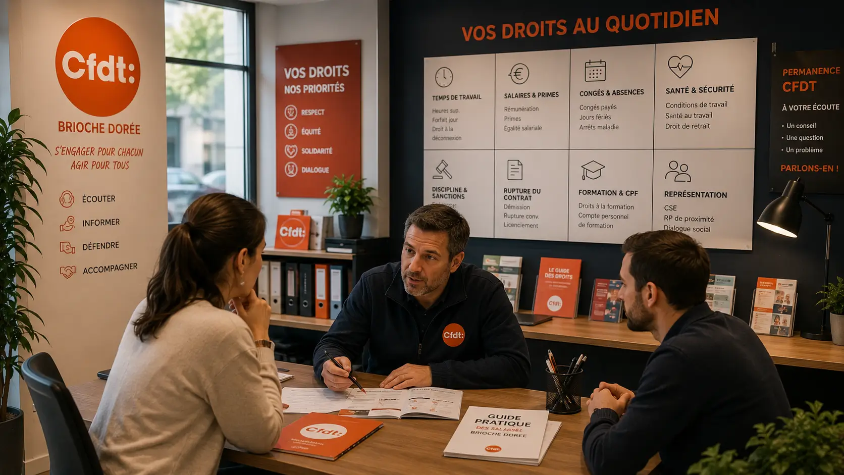Salariés en réunion dans un restaurant de restauration rapide autour des conditions de travail et des droits des salariés