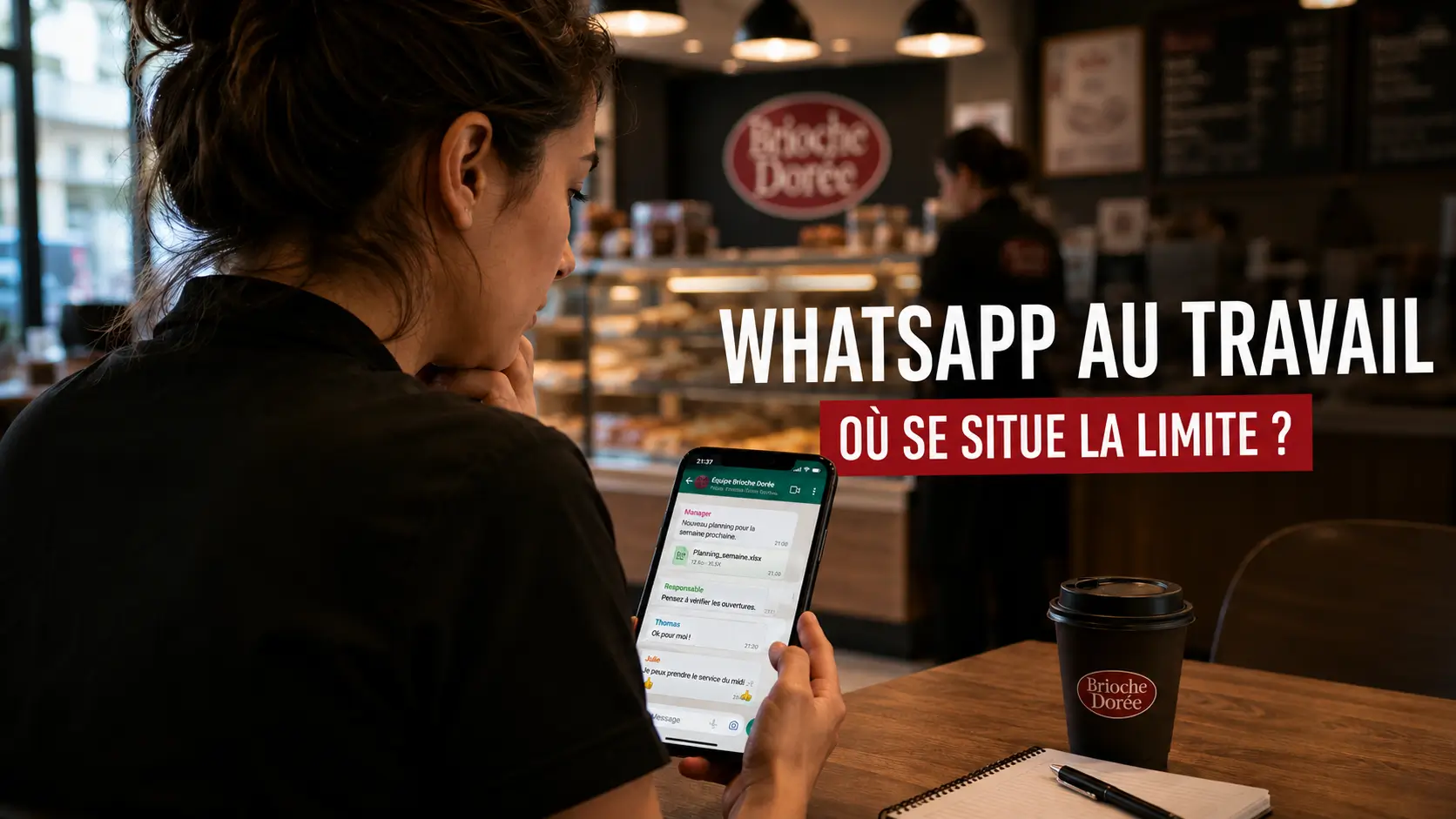 Salarié consultant des messages WhatsApp professionnels en dehors des horaires de travail dans un environnement de restauration rapide