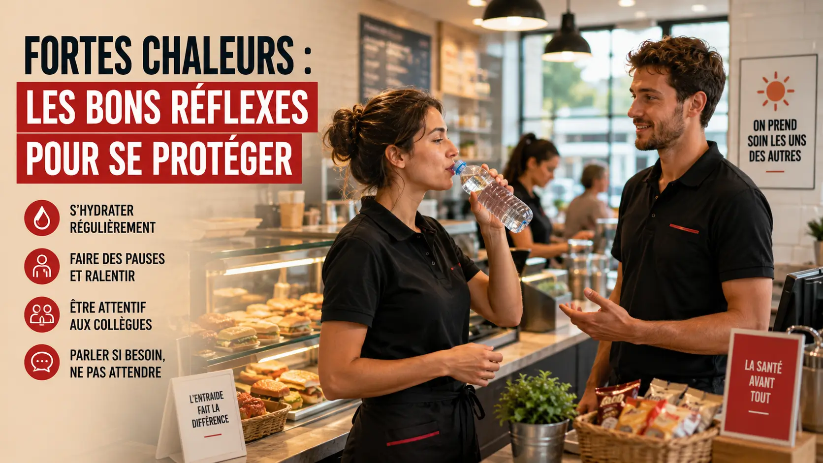 Salariés en restauration rapide pendant une journée de forte chaleur Salariés d'un restaurant de restauration rapide travaillant pendant une période de fortes chaleurs avec vigilance et entraide entre collègues.