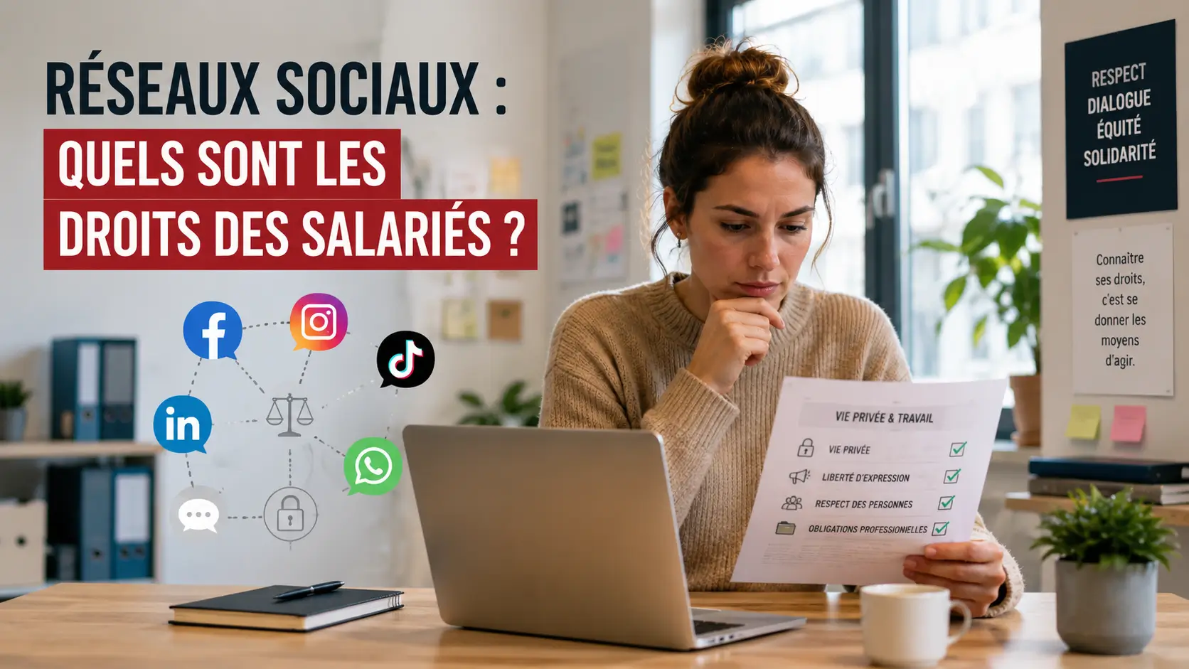 Salarié consultant les réseaux sociaux sur son smartphone avec des icônes Facebook, Instagram, TikTok et LinkedIn, illustrant les questions liées à la vie privée, au travail et aux droits des salariés.
