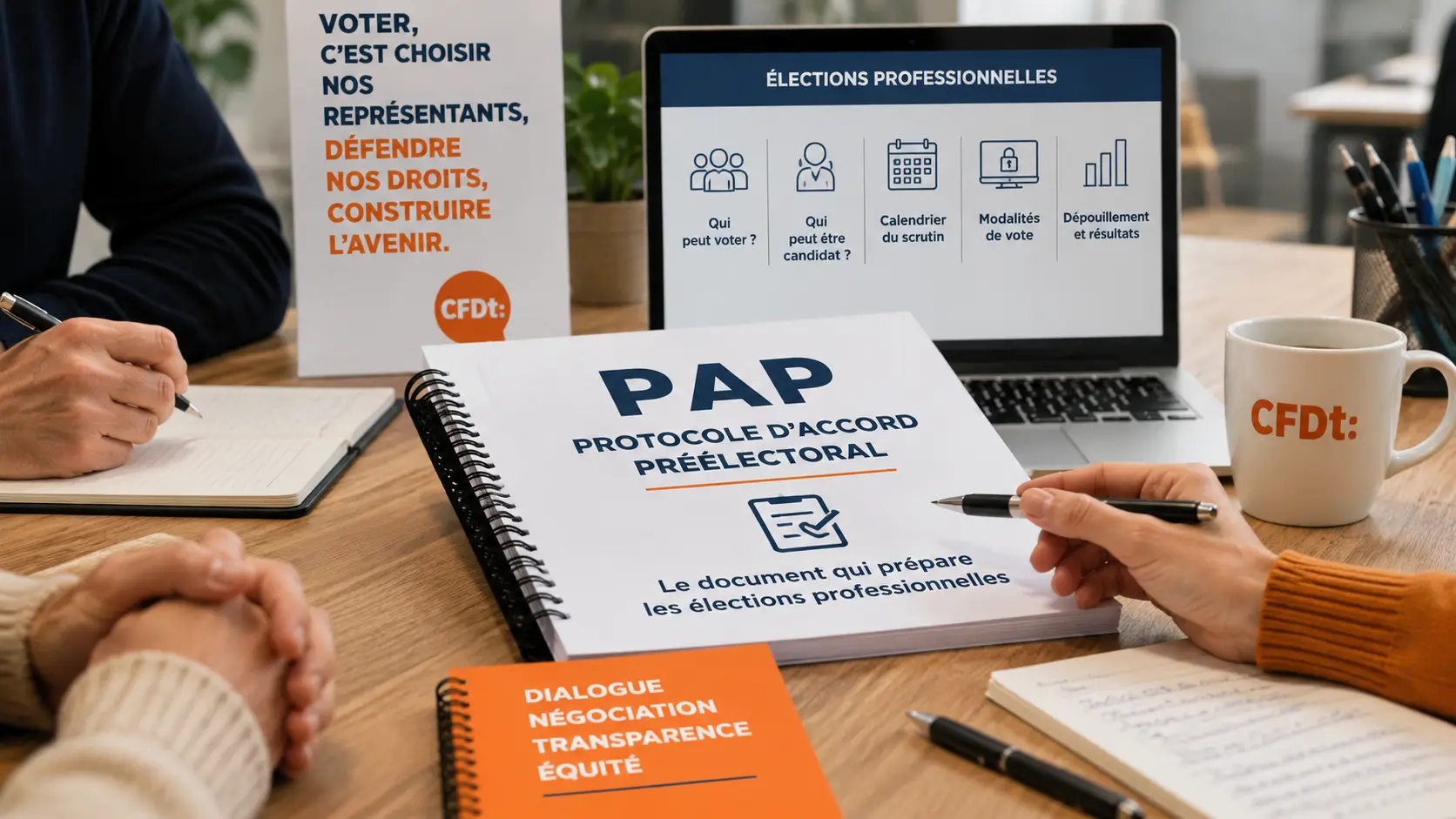 Elections professionnelles : comprendre le rôle du PAP Illustration représentant la préparation des élections professionnelles autour du Protocole d'Accord Préélectoral (PAP), document qui fixe les règles d'organisation du scrutin.
