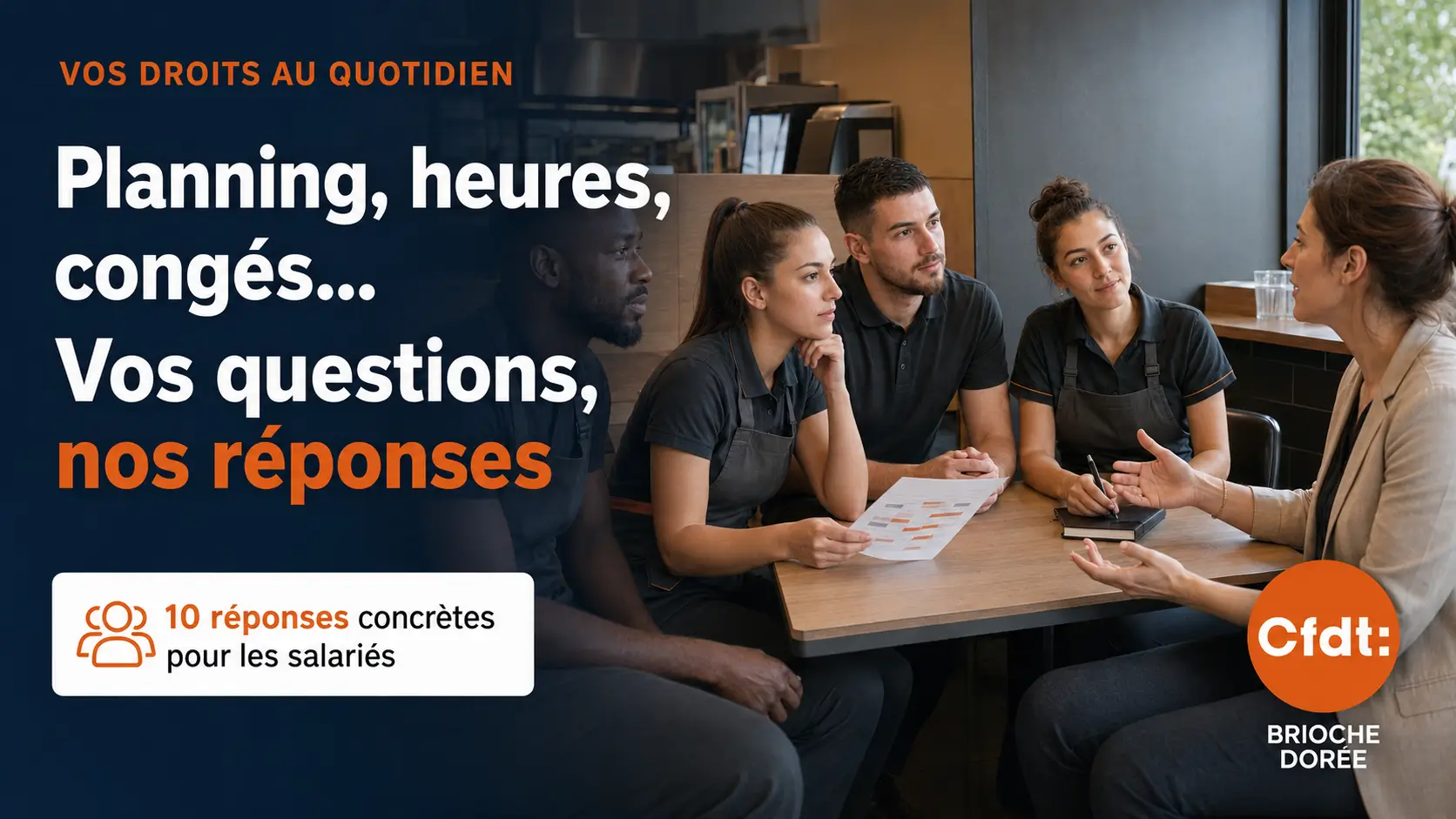Des salariés échangent avec une représentante CFDT sur leurs droits, leurs horaires et leurs conditions de travail
