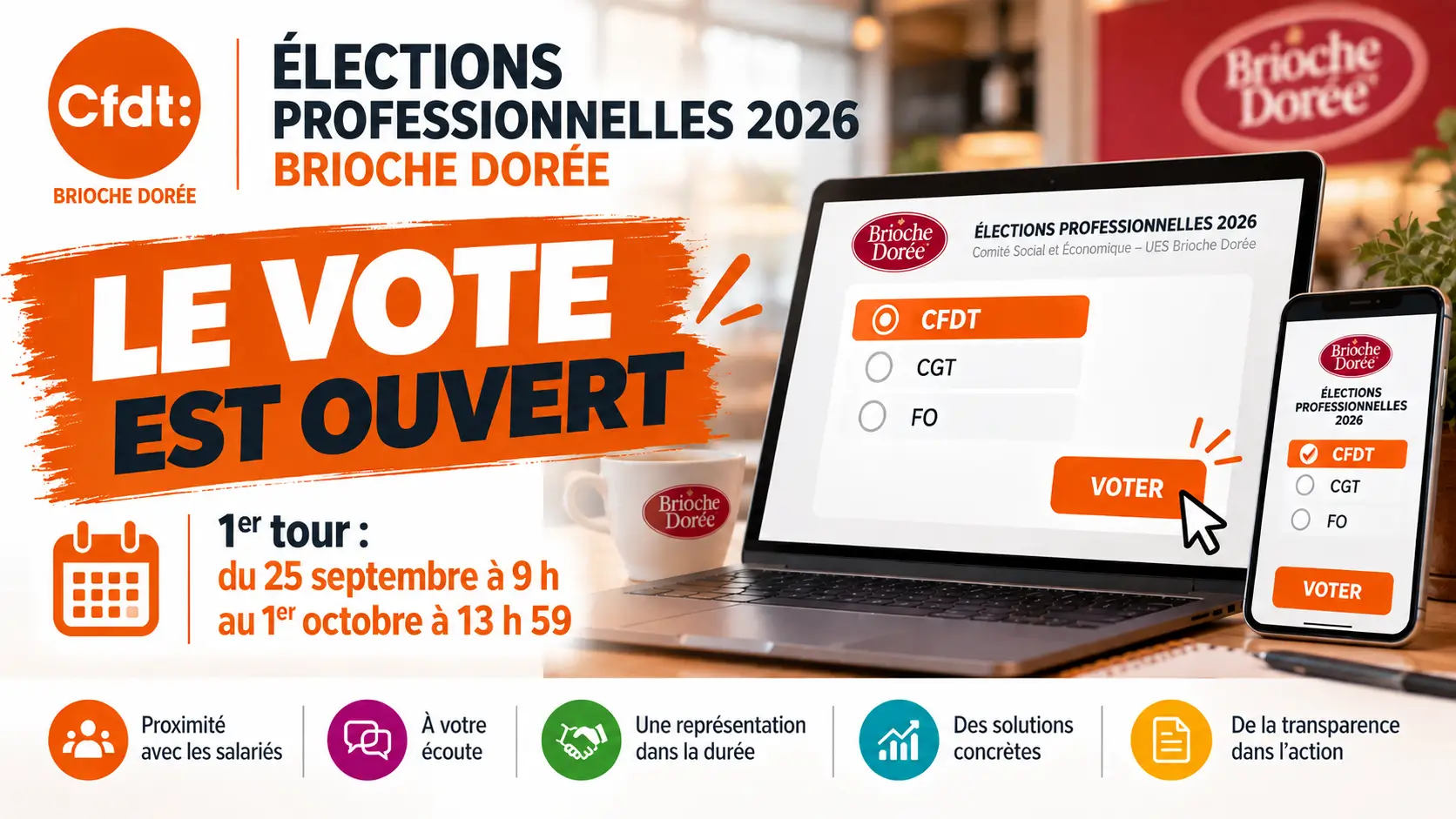 Visuel CFDT pour les élections professionnelles Brioche Dorée 2026