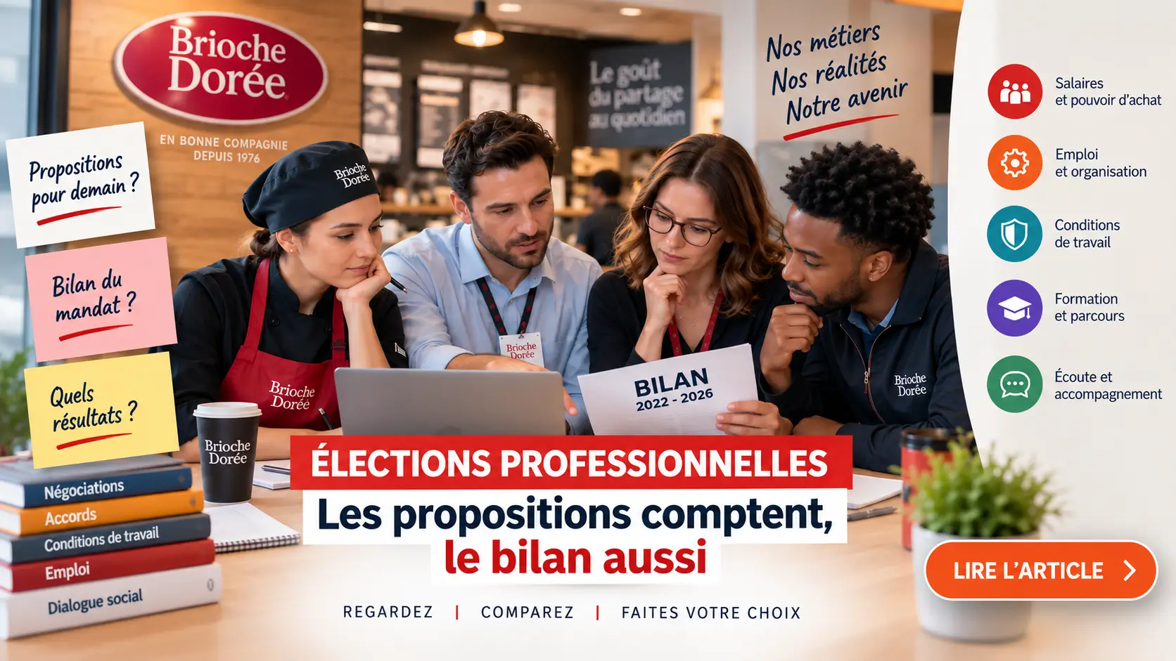 Illustration de salariés comparant les propositions électorales et le bilan du mandat syndical chez Brioche Dorée