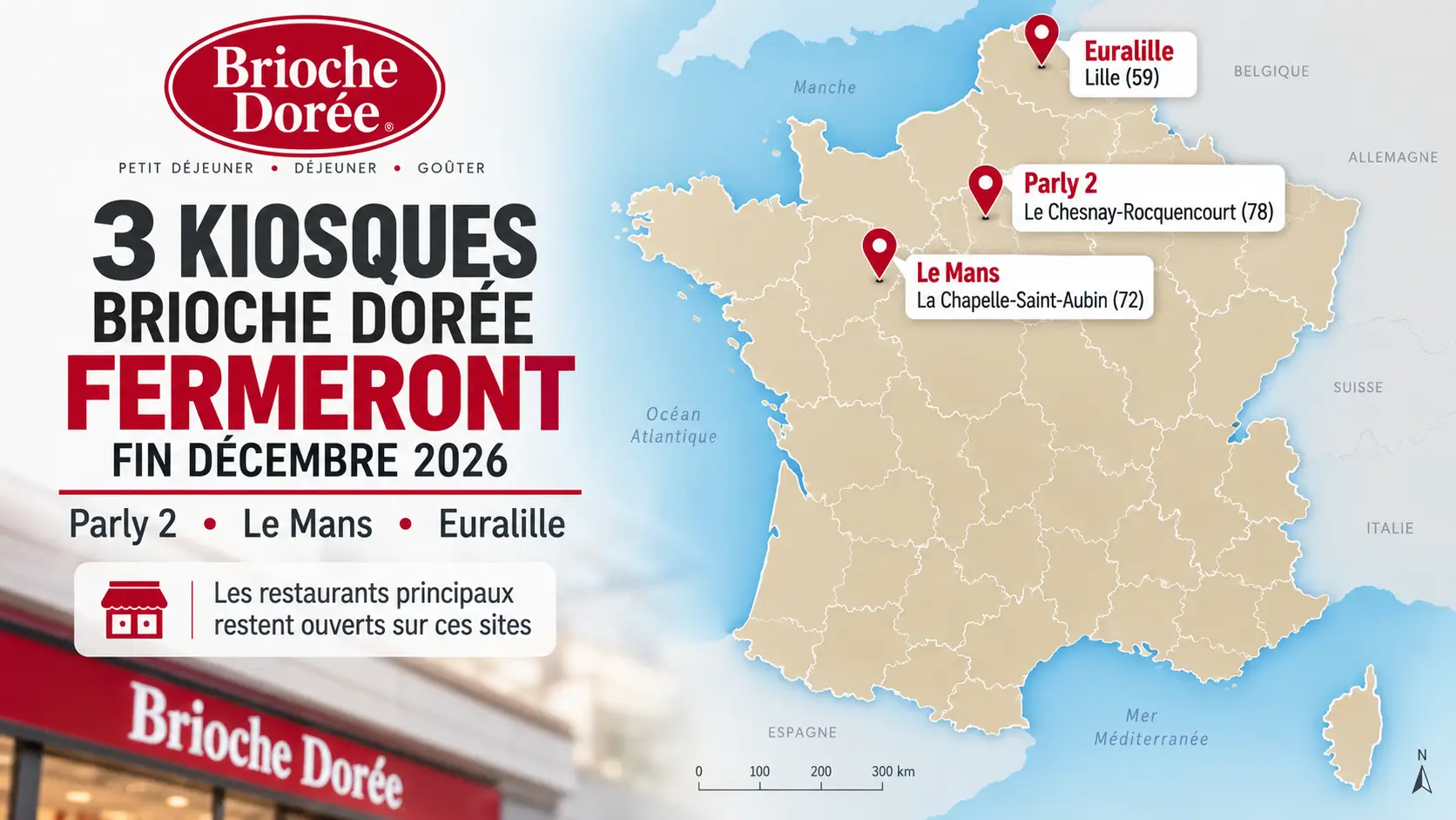 Fermeture de trois kiosques Brioche Dorée fin 2026 Fermeture des kiosques Brioche Dorée de Parly 2, Le Mans et Euralille prévue fin décembre 2026